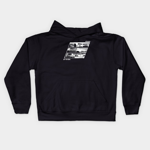 NISSAN SKYLINE GT-R R34 Black 'N White Archive 2 (Black Version) Kids Hoodie by Cero